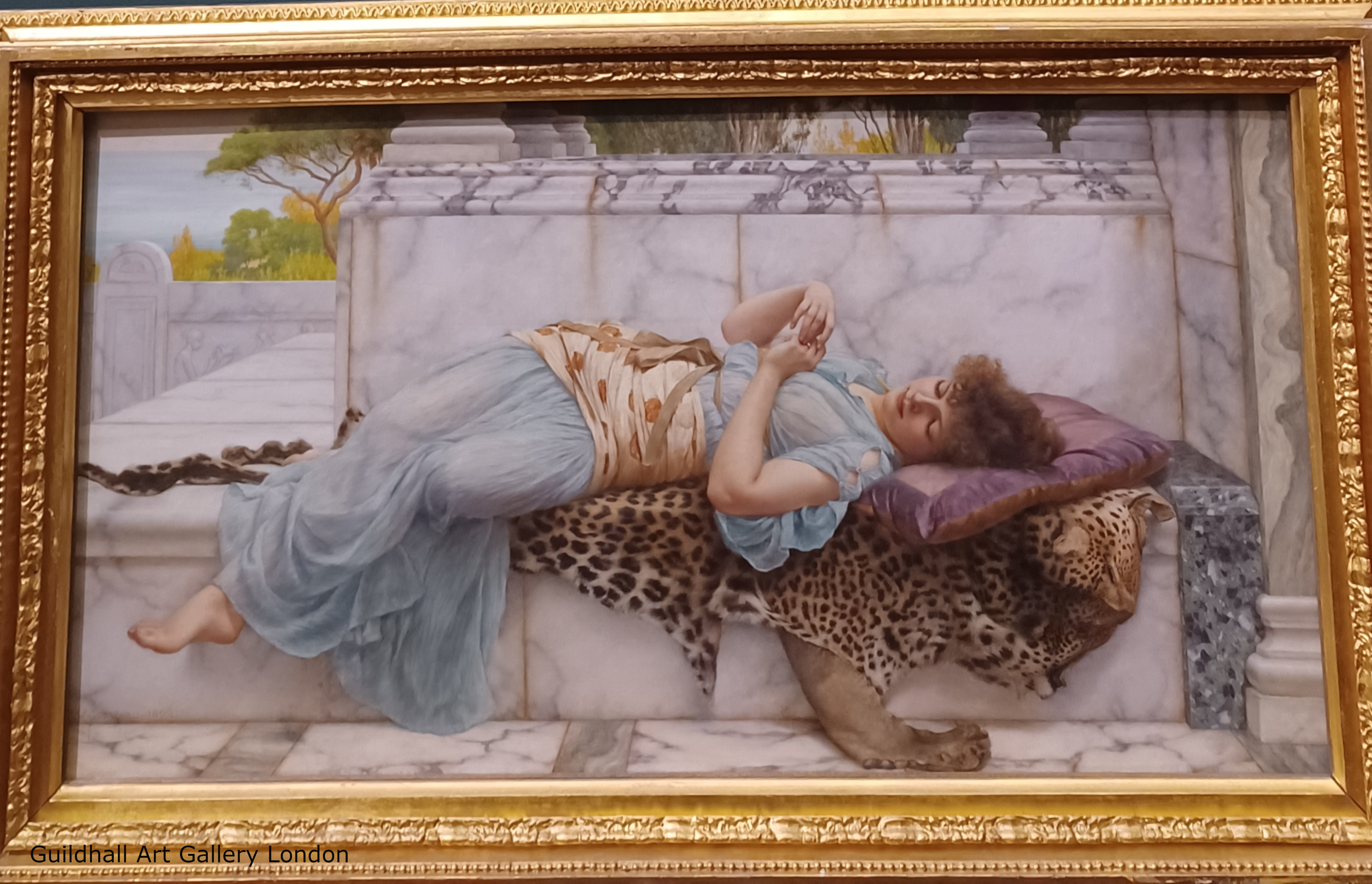 A beautiful fine art painting of a pretty young woman laying on a bench, relaxing, enjoying the sun. Painting is set in ancient Greek or Roman times.