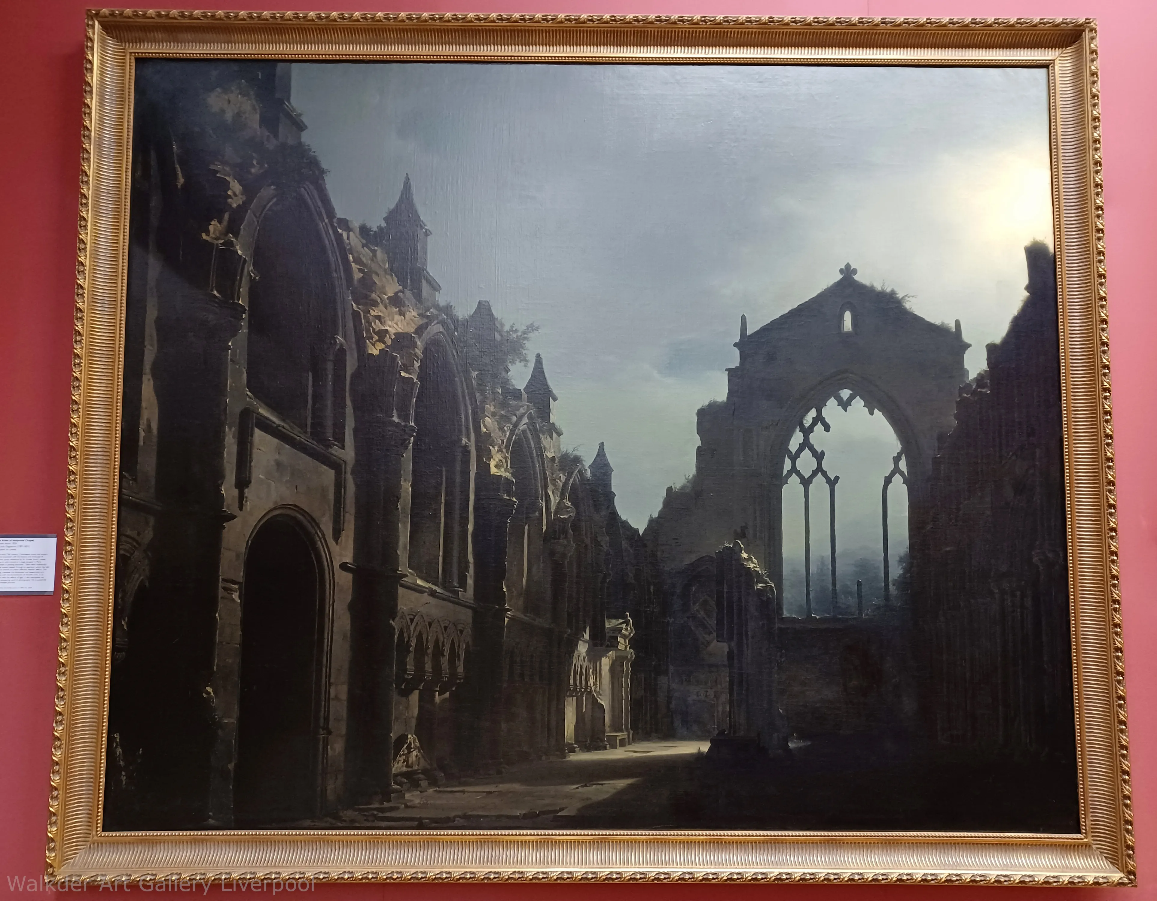 A beautiful fine art painting of an ancient gothic style cathedral which has been bombed and destroyed. The painting shows the ruins of it. The image is dark.