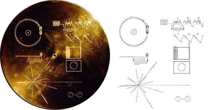 Image of the Golden Record and the markings on it.